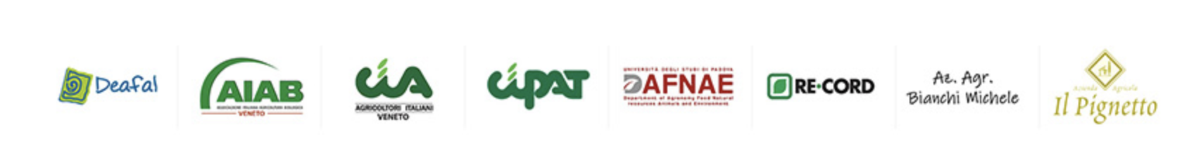 Loghi dei partner Deafal, AIAB Veneto, CIA Veneto, CIPAT Veneto, DAFNAE, RE-CORD, Azienda Agricola Bianchi Michele e Il Pignetto